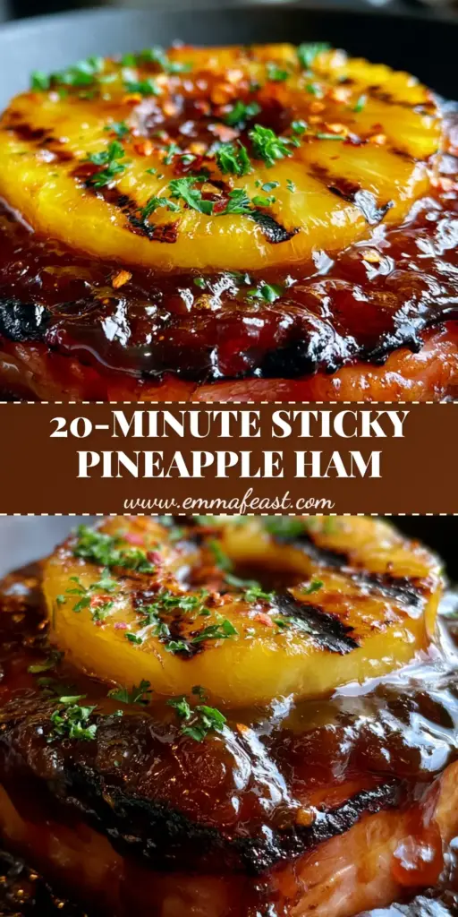 A thick-cut Pineapple brown sugar glazed ham steak topped with a charred pineapple ring and fresh parsley in a cast iron skillet.