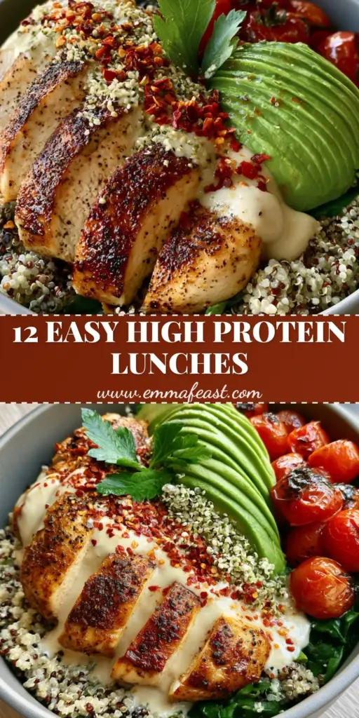 A high-protein power bowl with succulent seared chicken, tri-color quinoa, and avocado. (lunch recipes for moms)