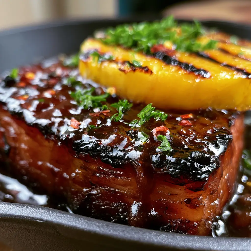 A grilled pineapple ring with sear marks resting on a mahogany glazed ham steak with chili flakes.