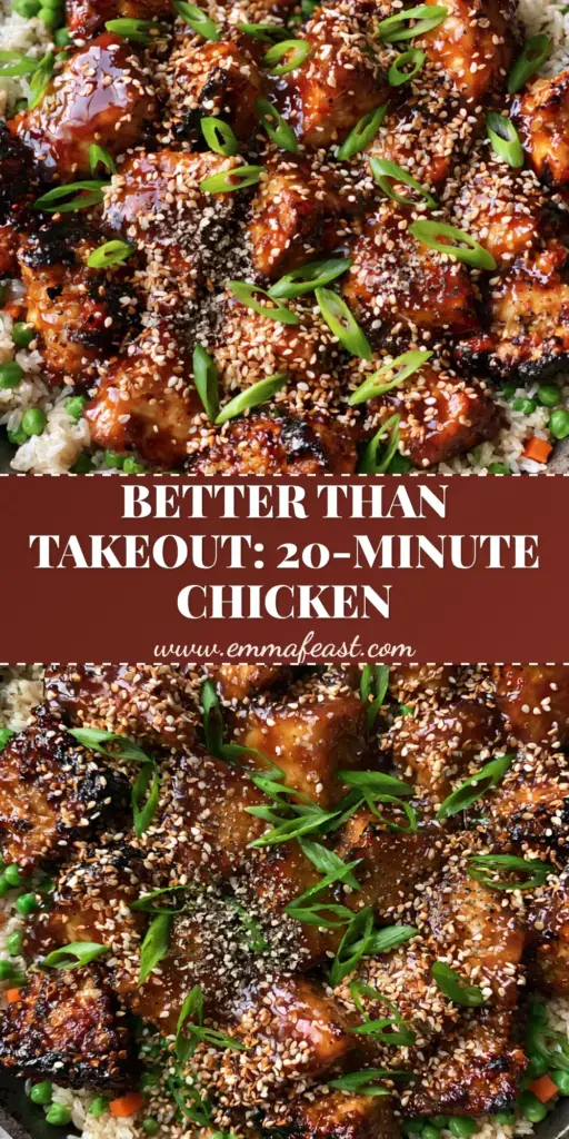 Overhead shot of Honey BBQ Chicken Rice in a matte black skillet with sticky glazed chicken and sesame seeds.