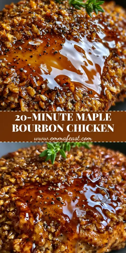 A close-up shot of Maple Bourbon Pecan Chicken with a thick amber glaze dripping over toasted nuts in a cast iron skillet.