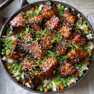 Close up of caramelized honey BBQ chicken cubes with visible char marks and jasmine rice. (Honey BBQ Chicken Rice)