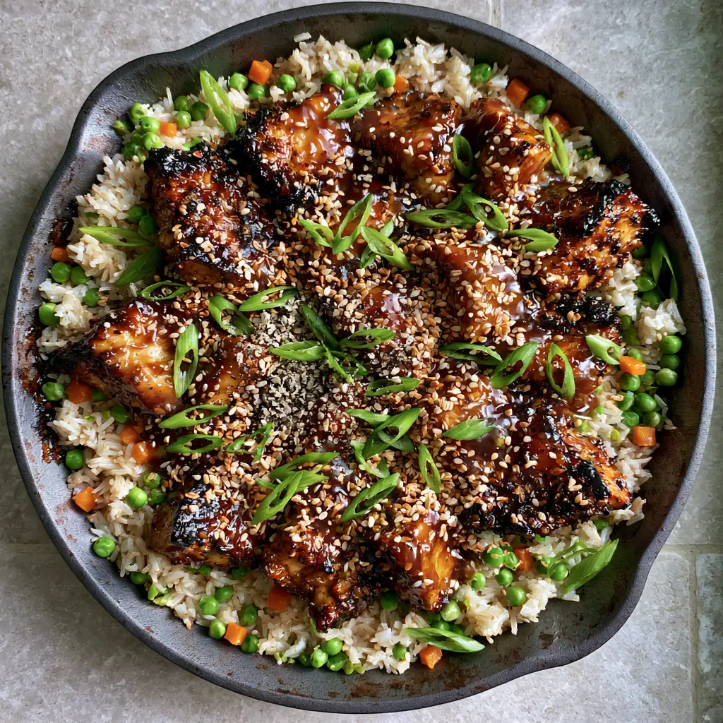 Honey BBQ Chicken Rice served in a skillet with vibrant green peas and orange carrots.