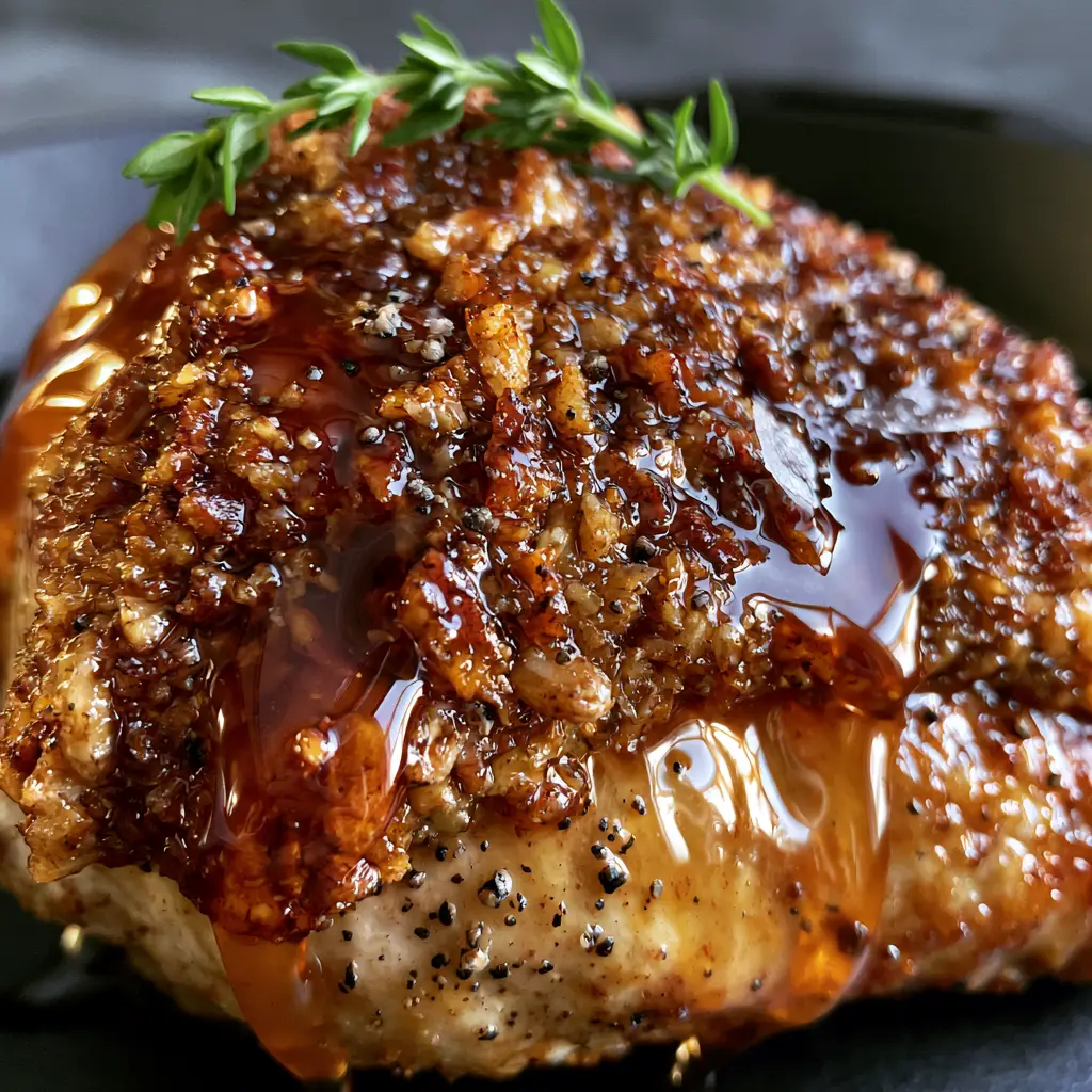 Maple Bourbon Pecan Chicken sitting in a dark seasoned cast iron skillet with fresh thyme garnish.