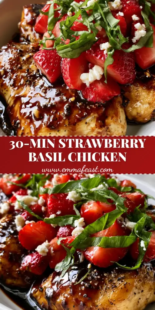 Strawberry Basil Chicken with Balsamic Glaze and Feta 3 Overhead view of Strawberry Basil Chicken featuring golden-seared breasts with dark balsamic glaze, fresh strawberry halves, and green basil chiffonade on a white plate.