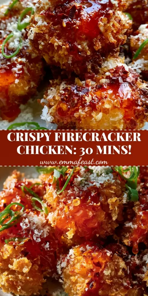 Parmesan Firecracker Chicken with an Ultra-Crunchy Panko Crust 3 A close-up of Parmesan Firecracker Chicken with a jagged panko crust and glossy red sauce on a matte white plate.