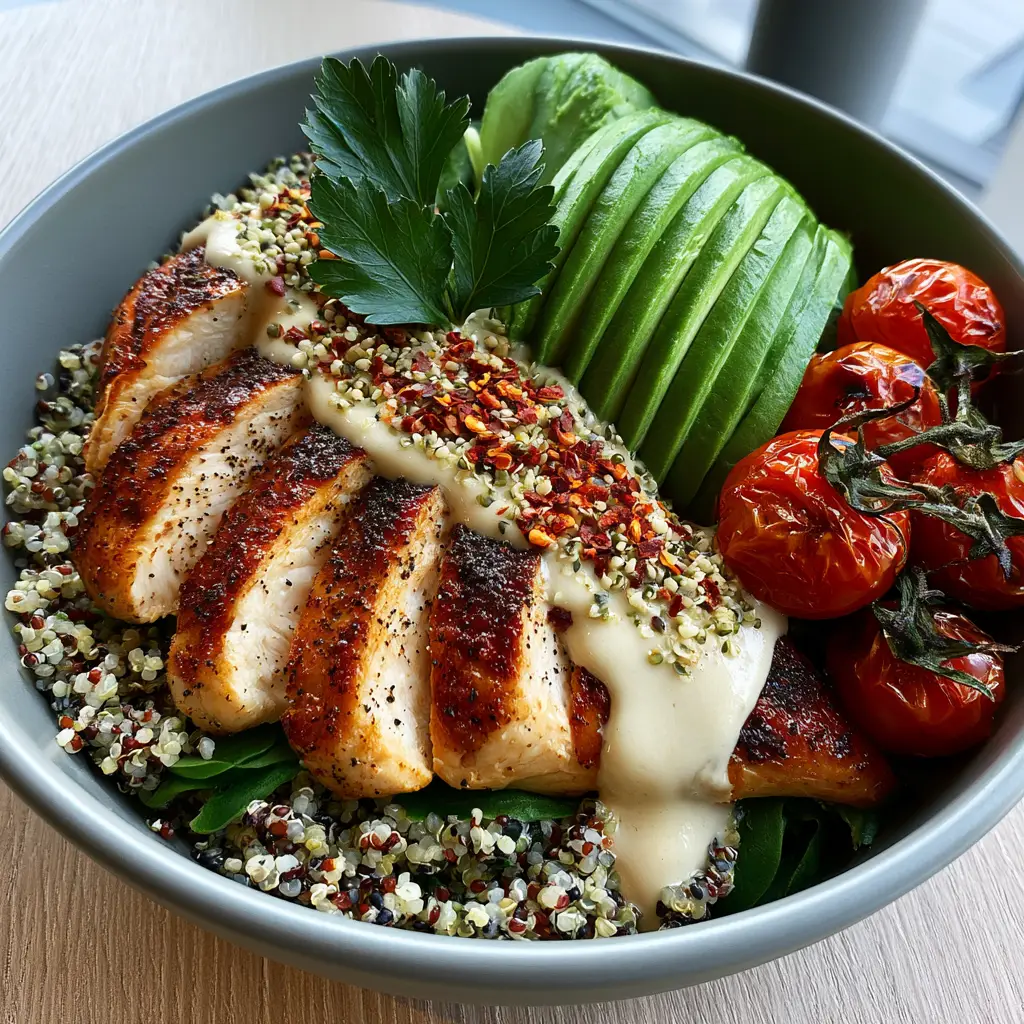 Overhead view of a chicken power bowl in a matte gray bowl with lemon tahini dressing. (lunch recipes for moms)