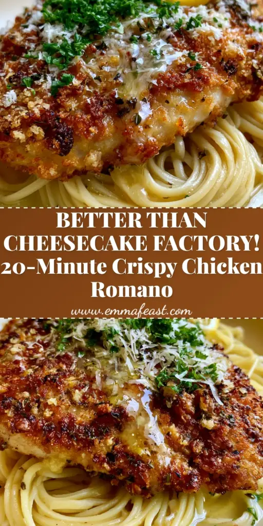A vertical shot showing a crispy Chicken Romano cutlet with lemon butter sauce pooling in the panko crust. (Cheesecake Factory Chicken Romano)