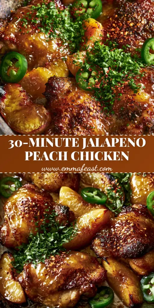 A vertical overhead shot of roasted chicken thighs with crispy golden skin, amber peach glaze, and charred peach wedges on a dark pan. (Jalapeno peach chicken)
