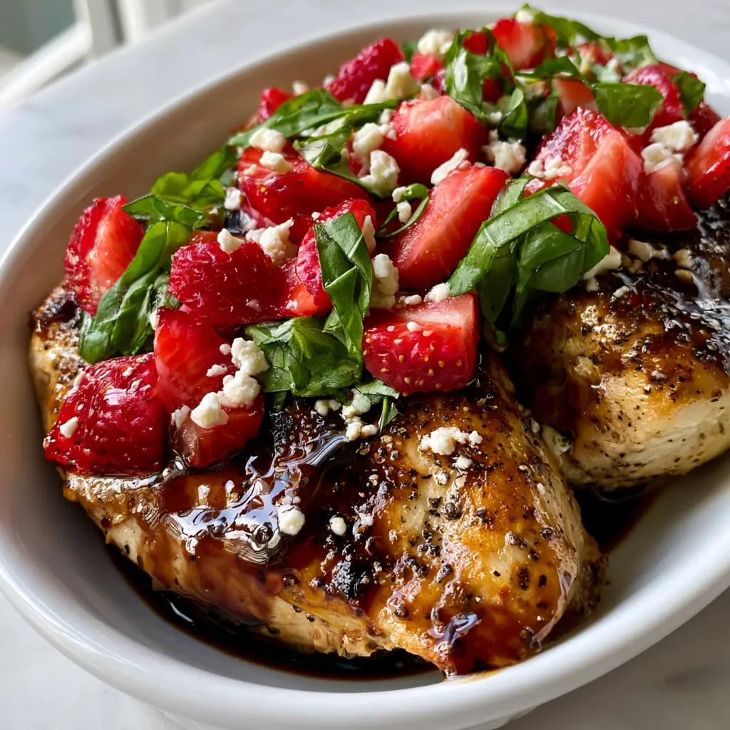 Strawberry Basil Chicken with Balsamic Glaze and Feta 2 Close-up of succulent pan-seared Strawberry Basil Chicken with glossy glaze and feta crumbles.