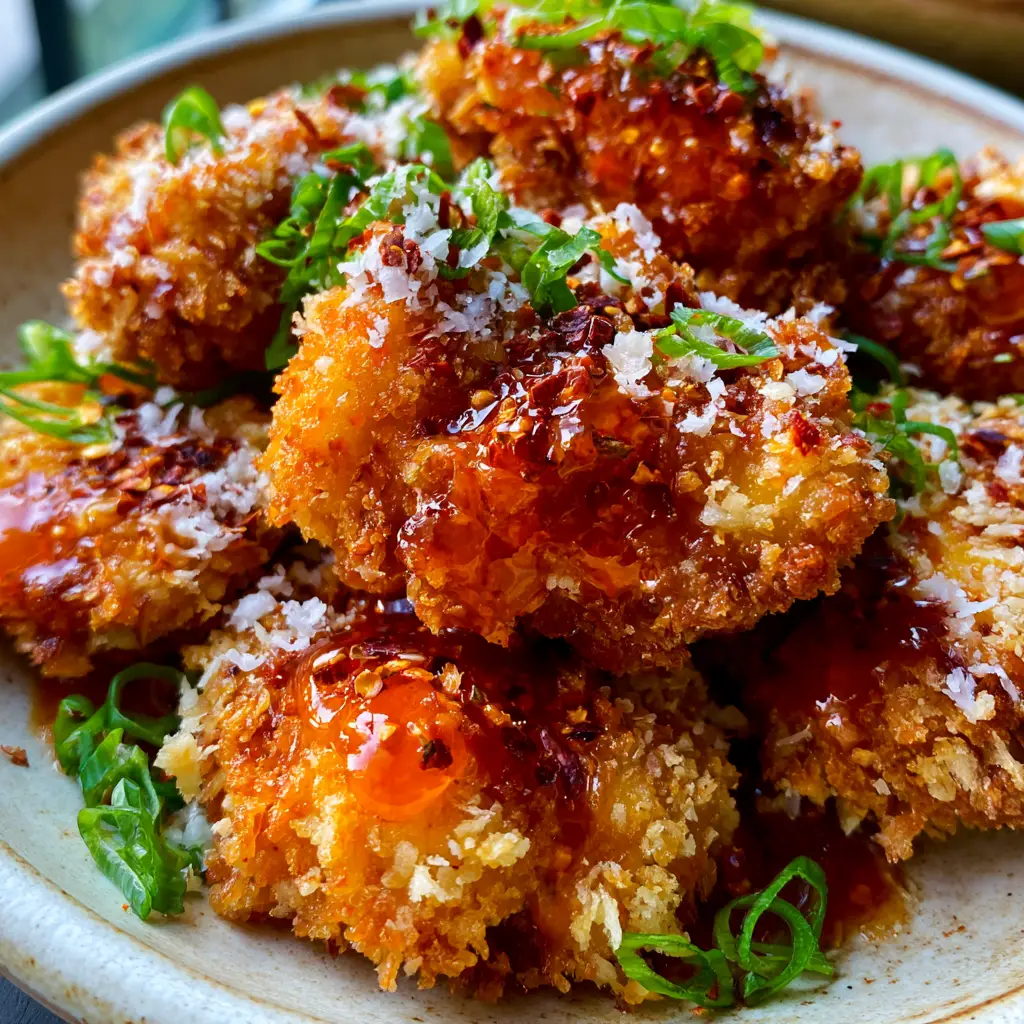 Parmesan Firecracker Chicken with an Ultra-Crunchy Panko Crust 2 Macro shot of jagged golden-brown panko breading on Parmesan Firecracker Chicken.