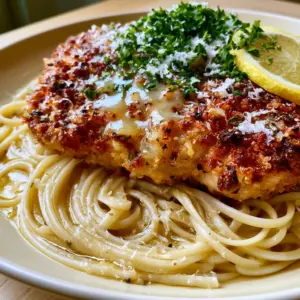 Extreme close-up of a Chicken Romano cutlet showing the thick panko crust and Romano cheese crystals. (Cheesecake Factory Chicken Romano)