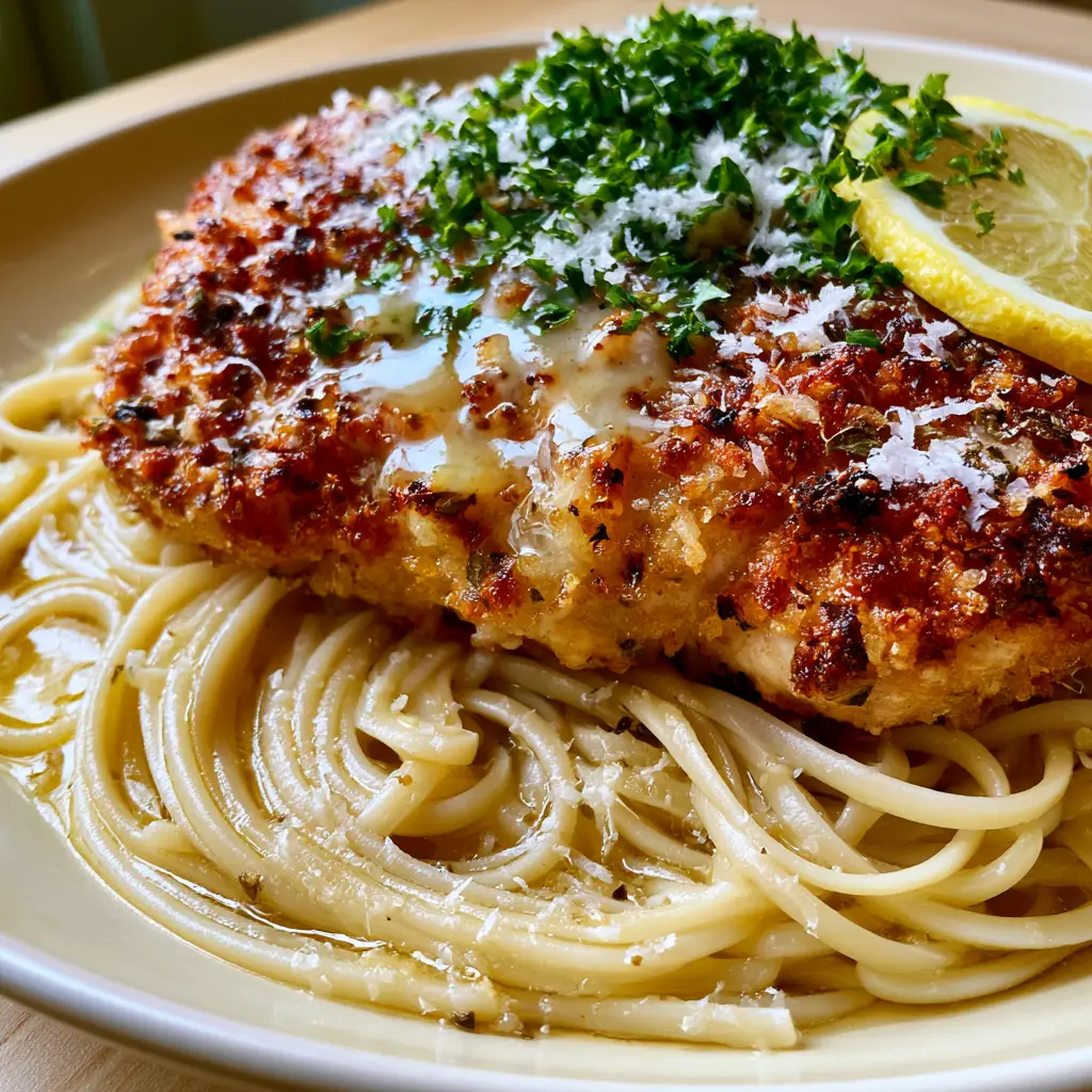 Extreme close-up of a Chicken Romano cutlet showing the thick panko crust and Romano cheese crystals. (Cheesecake Factory Chicken Romano)