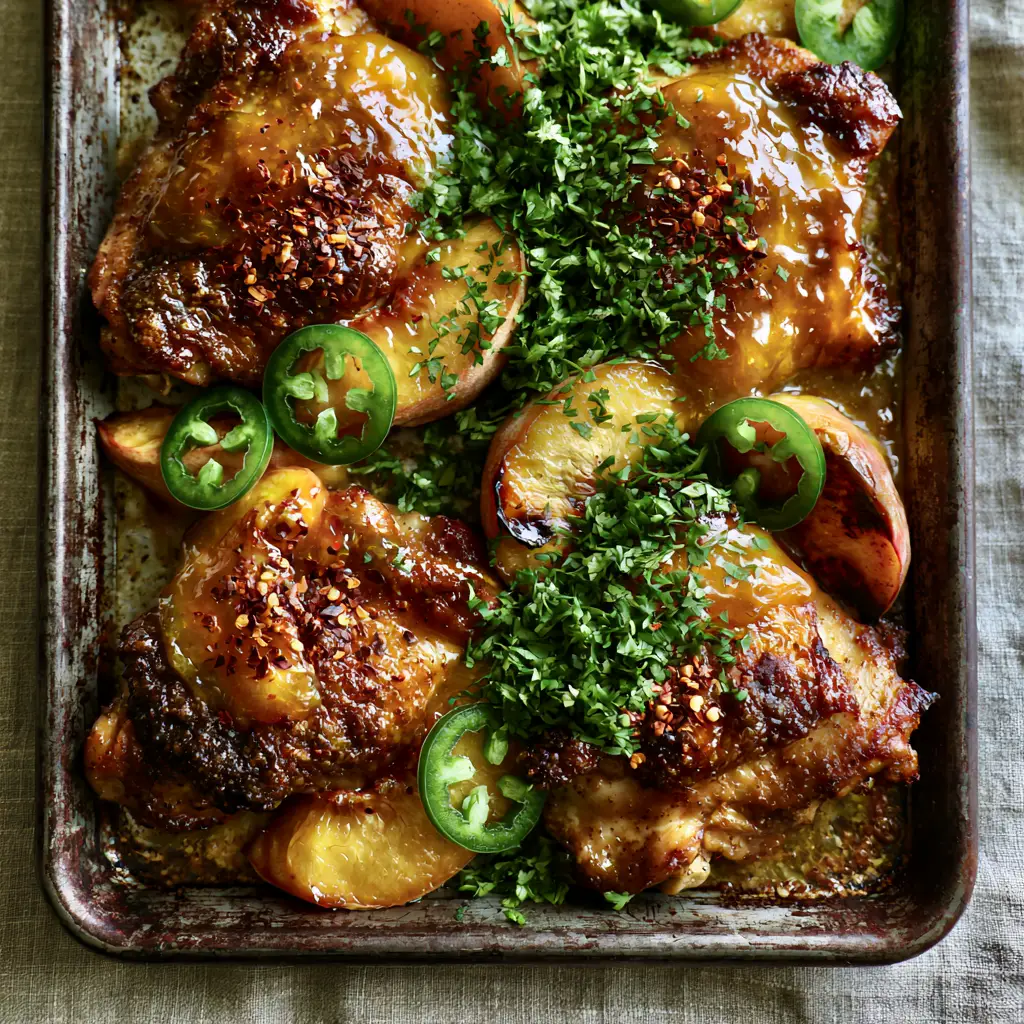 Close up of crispy roasted chicken thighs coated in a thick glistening peach glaze with fresh jalapeños. (Jalapeno peach chicken)