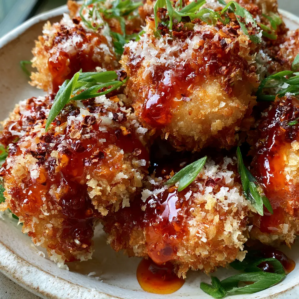 Parmesan Firecracker Chicken with an Ultra-Crunchy Panko Crust 1 Parmesan Firecracker Chicken drizzled with glossy red-orange sauce and topped with scallions and parmesan snowfall.