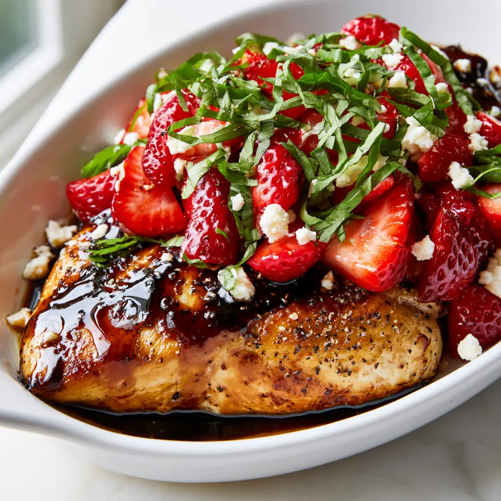 Strawberry Basil Chicken with Balsamic Glaze and Feta 1 Macro shot of Strawberry Basil Chicken showing the translucent balsamic glaze and basil ribbons.