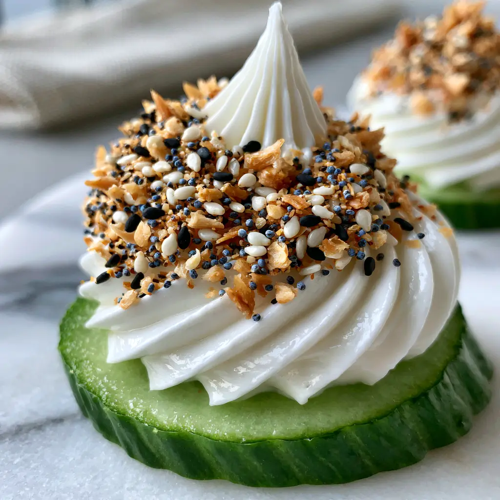 Everything Bagel Cucumber Bites with Whipped Cream Cheese 1 Close up shot of a platter of Everything Bagel Cucumber Bites on a light marble surface with natural sunlight.