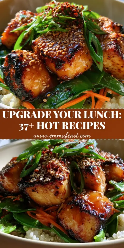 Hot Lunch Recipes: Honey Garlic Chicken Quinoa Bowls with Blistered Snap Peas 4 A steaming macro bowl of honey garlic chicken with charred edges and blistered snap peas over quinoa. (Hot lunch recipes)