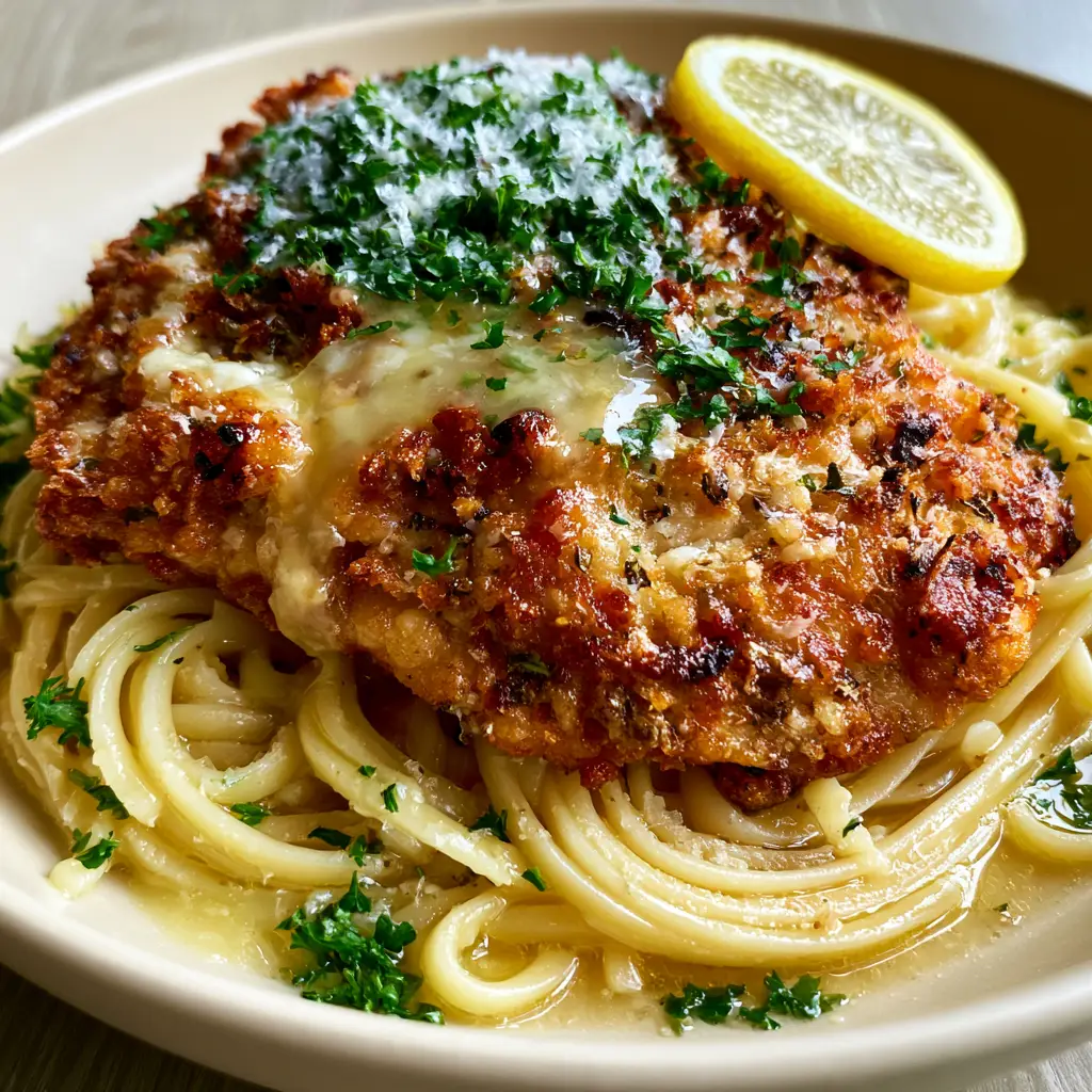 A swirling nest of garlic butter linguine topped with a crispy Chicken Romano cutlet and fresh lemon. (Cheesecake Factory Chicken Romano)