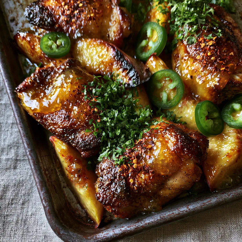 Sheet pan Jalapeno peach chicken featuring charred peach edges and vibrant green cilantro garnish.