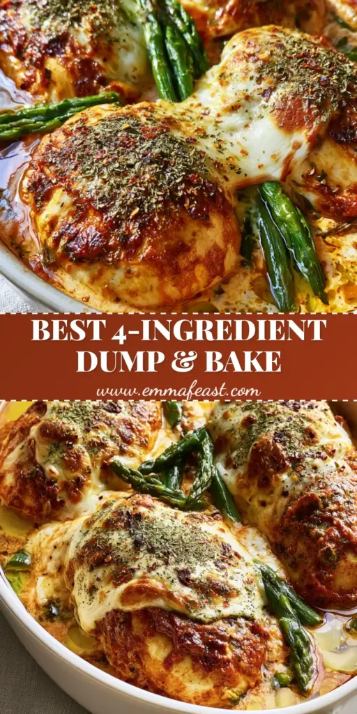 4 Ingredient Chicken Recipe: Creamy Sun-Dried Tomato & Asparagus Bake 4 A rustic white ceramic dish with 4-ingredient chicken recipe featuring roasted chicken breasts, charred mozzarella, and asparagus in a creamy tomato sauce.
