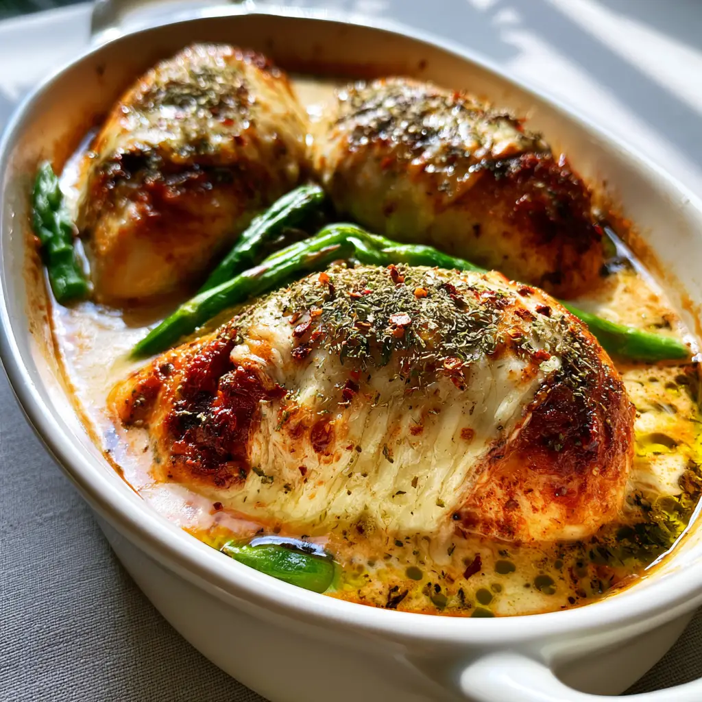 Close up of roasted chicken breasts in a creamy sun-dried tomato sauce with charred mozzarella. (4 ingredient chicken recipe)