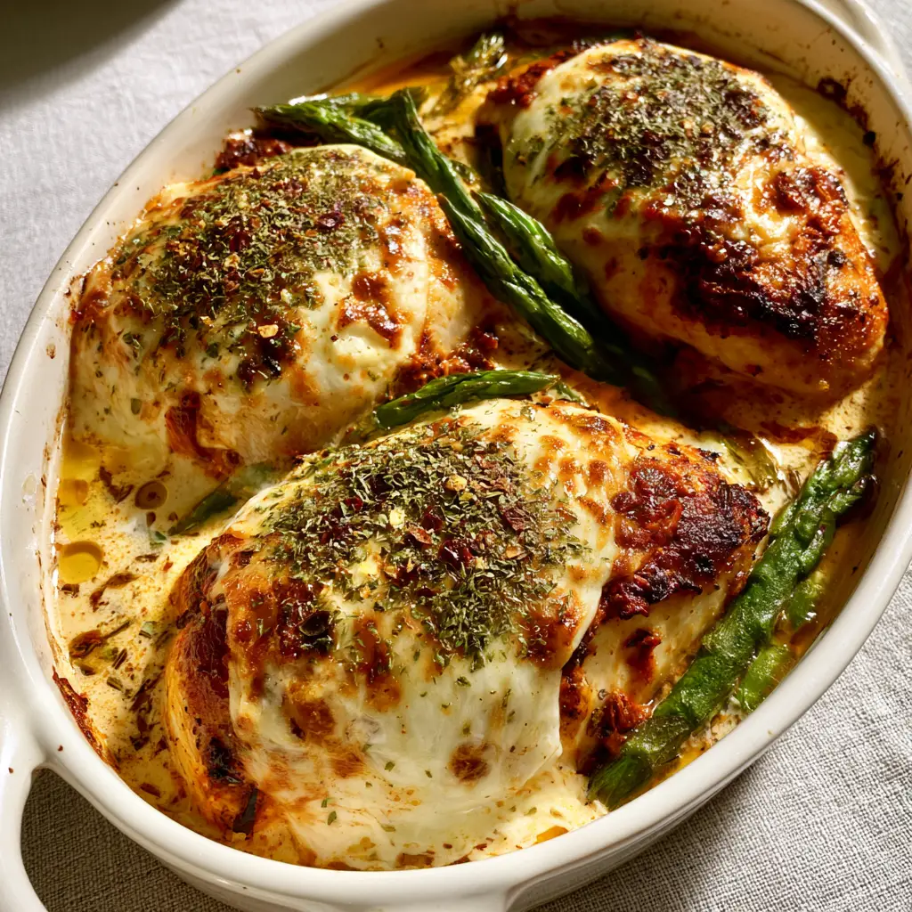 4 Ingredient Chicken Recipe: Creamy Sun-Dried Tomato & Asparagus Bake 1 High angle photo of a ceramic baking dish featuring a 4 ingredient chicken recipe with vibrant green asparagus.