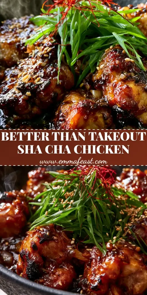 A close-up vertical shot of Sha Cha Chicken in a dark bowl featuring seared chicken, green scallions, and red chili threads.