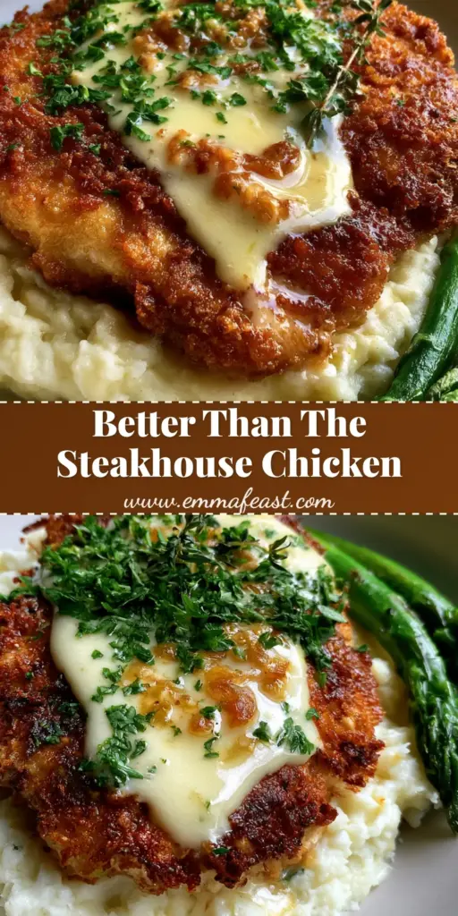 A top-down macro shot of Morton's chicken recipe featuring crispy panko chicken, garlic butter sauce, mashed potatoes, and asparagus. (Morton's chicken recipe)