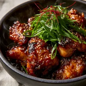 High-angle close-up of steaming Sha Cha Chicken with succulent pieces and caramelized edges in a charcoal bowl.