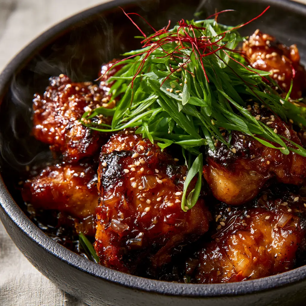 High-angle close-up of steaming Sha Cha Chicken with succulent pieces and caramelized edges in a charcoal bowl.
