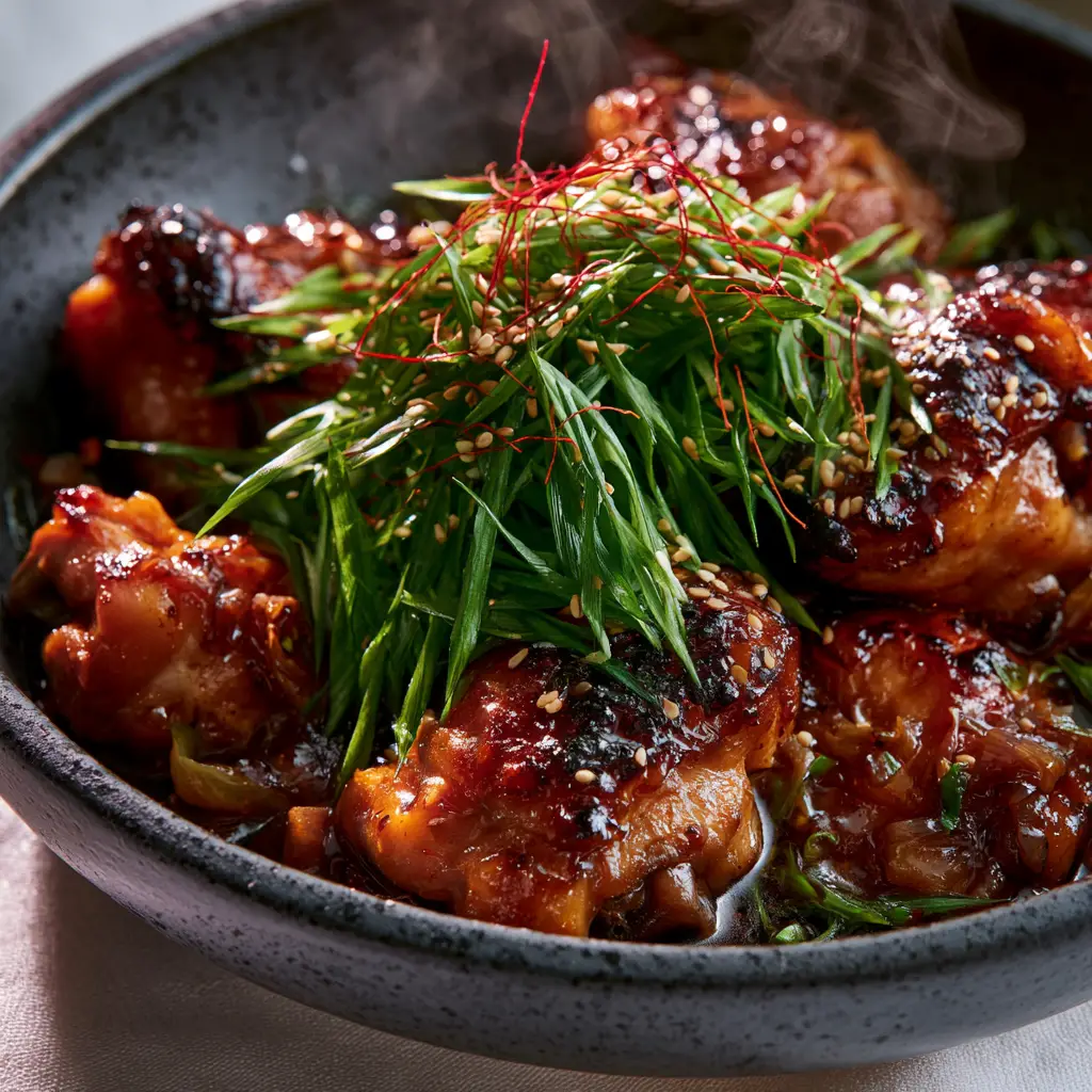 Extreme close-up of Sha Cha Chicken showing visible garlic slivers, scallions, and red chili threads.