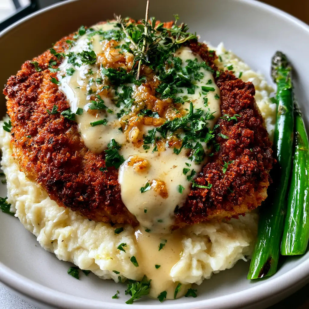 Close up of exceptionally crispy deep golden-brown panko breaded chicken breast. (Morton's chicken recipe)