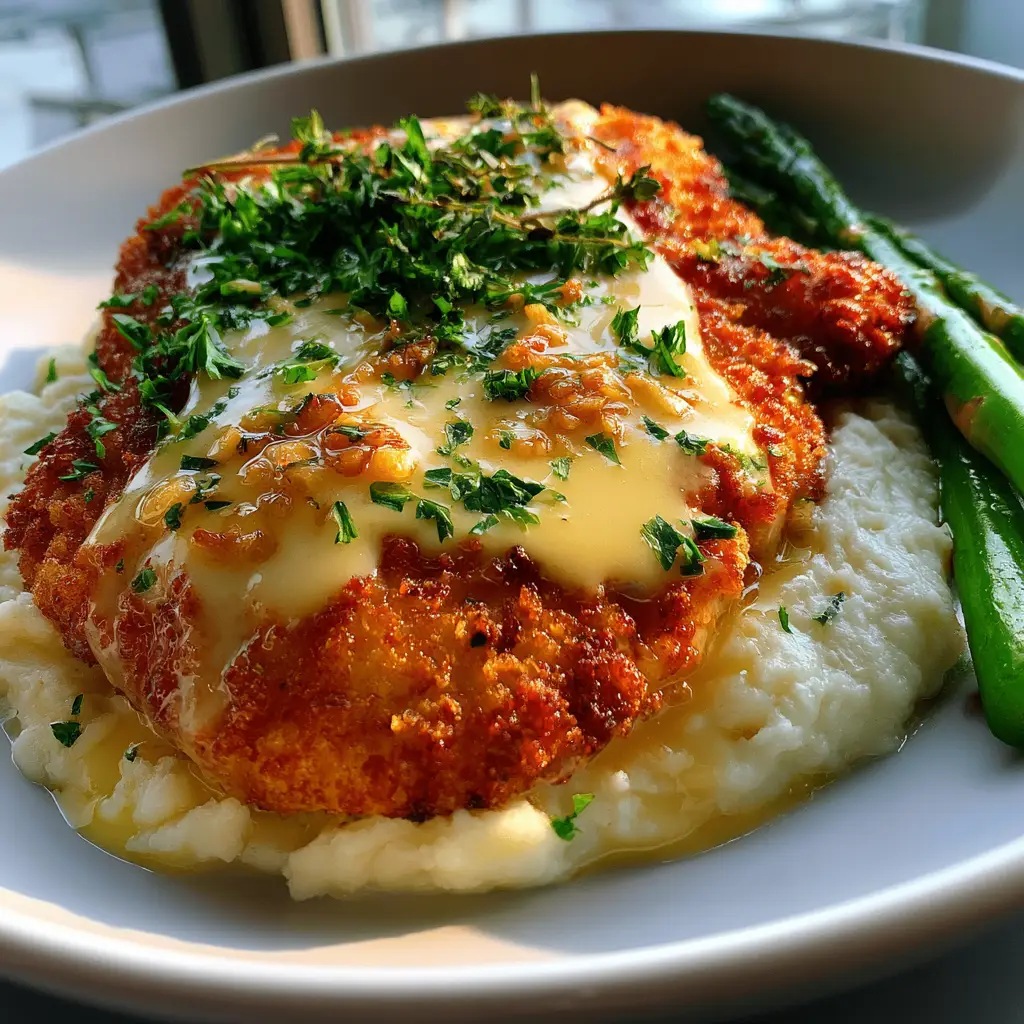 Glossy garlic butter beurre blanc sauce being poured over breaded chicken cutlets.