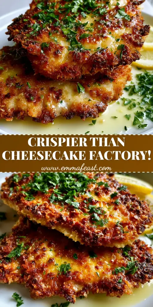 A top-down view of a chicken Romano crusted recipe plate with lemon wheels and parsley garnish.