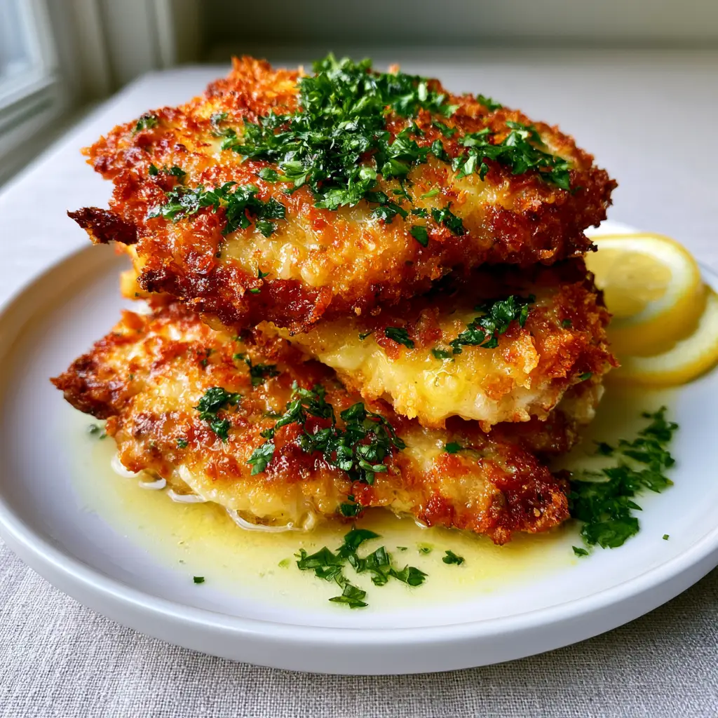 Close-up of jagged, crispy cheese-crusted edges on a chicken Romano crusted recipe.
