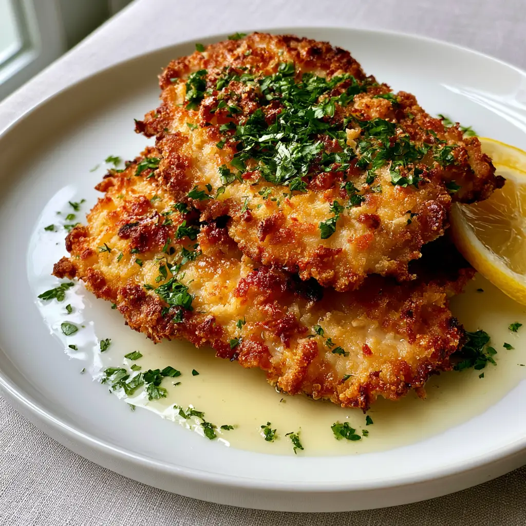 Two thinly pounded chicken cutlets on a white plate with lemon butter sauce.