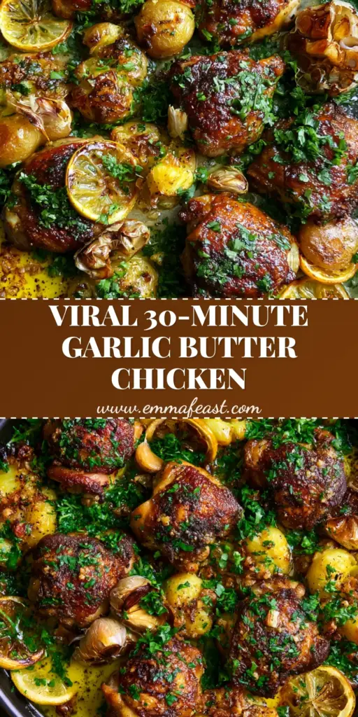 A viral top-down shot of one-pan chicken recipes featuring crispy skin-on thighs, smashed potatoes, and roasted garlic on a black pan.