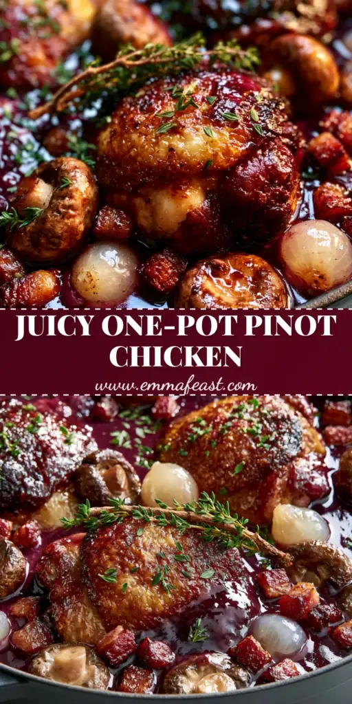 A rustic matte black pot filled with Chicken Pinot Noir featuring crispy chicken thighs, whole mushrooms, and a glossy purple wine reduction.