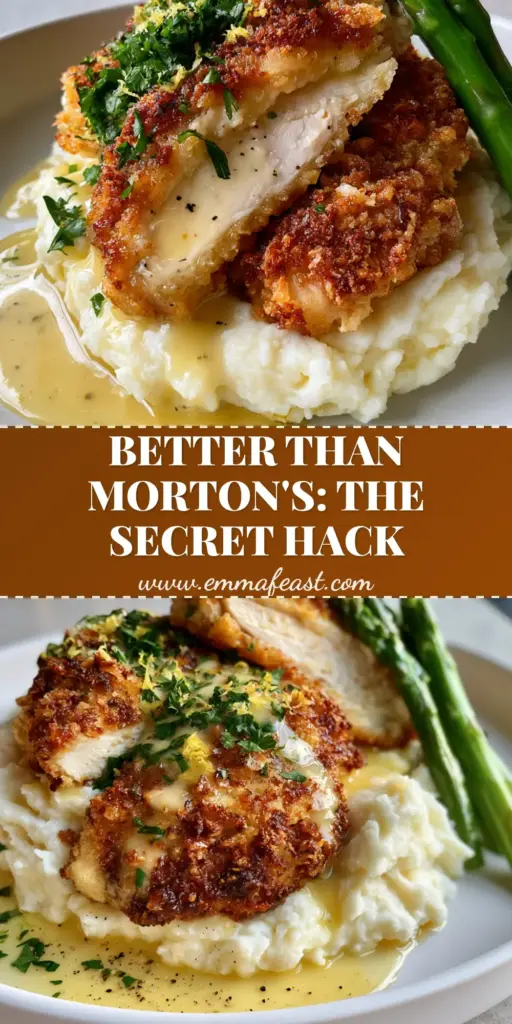 A close up photo of Morton’s Chicken Christopher with a thick craggy panko crust, glossy lemon butter sauce, and whipped mashed potatoes.