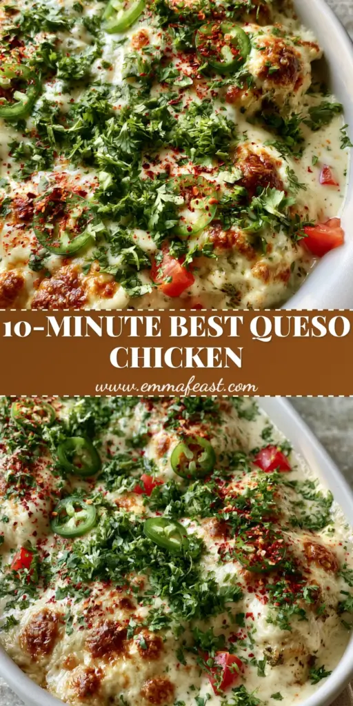 Top-down view of baked queso chicken in a white ceramic dish featuring bubbling cheese and fresh jalapeno garnishes.