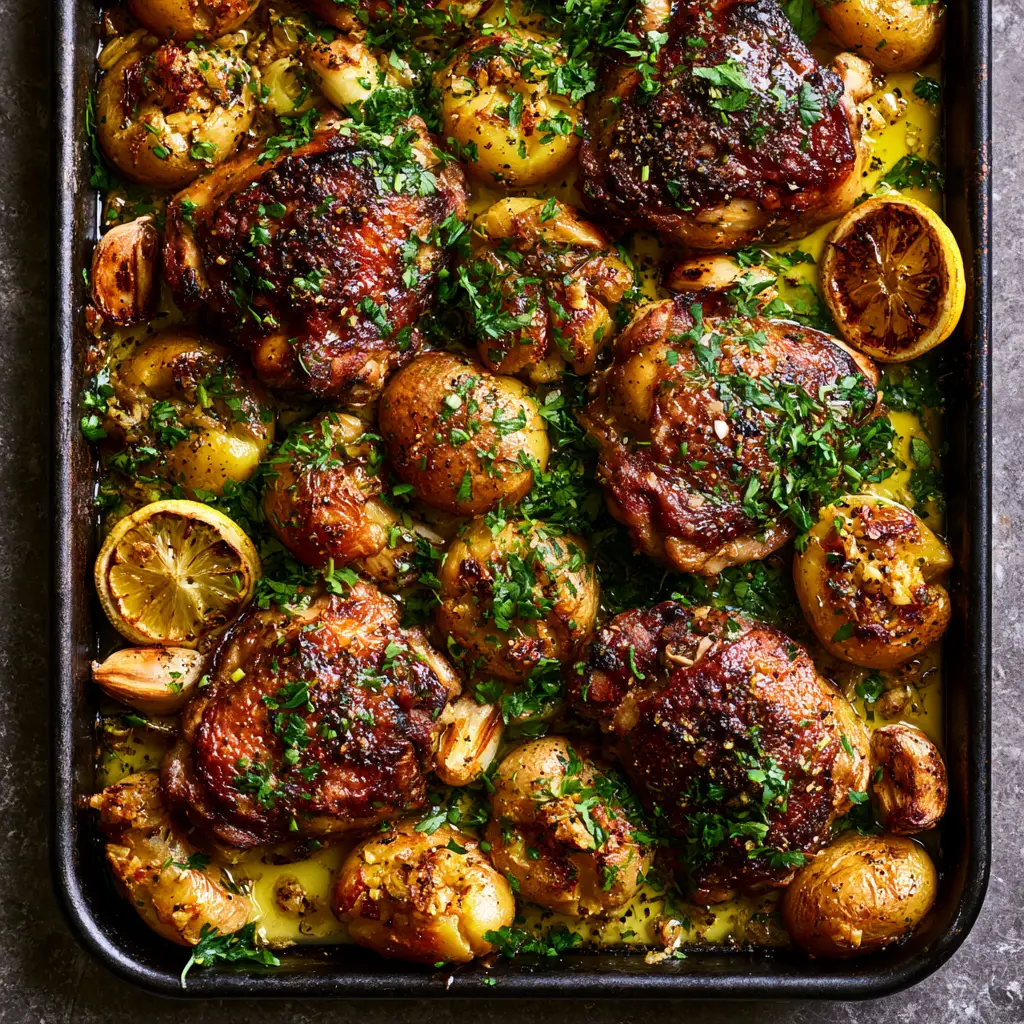 Hyper-realistic close up of crispy skin-on chicken thighs and golden smashed potatoes with garlic butter glaze. (one-pan chicken recipes)