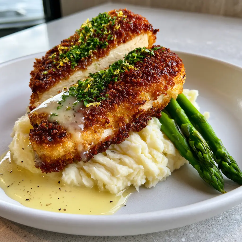 Smartphone photo of sliced Morton’s Chicken Christopher over garlic mashed potatoes with lemon zest garnish.