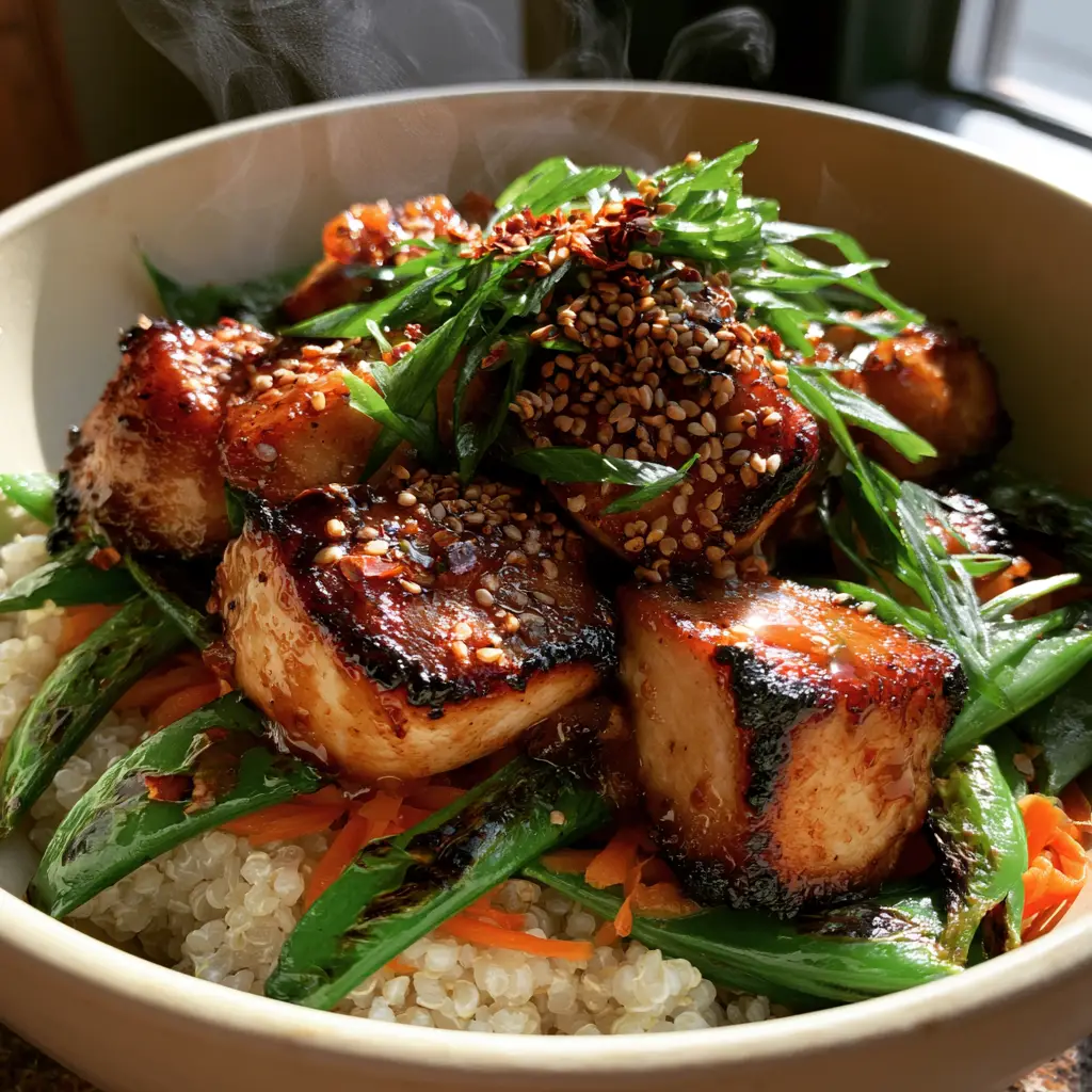 Close up of charred honey garlic chicken breast cubes with a thick amber glaze and sesame seeds. (Hot lunch recipes)
