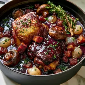 Close-up of golden-brown seared chicken thighs in a deep purple Pinot Noir wine sauce with bacon lardons. (Chicken Pinot Noir)