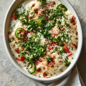 Close-up of succulent baked queso chicken with toasted mozzarella spots and emerald cilantro.