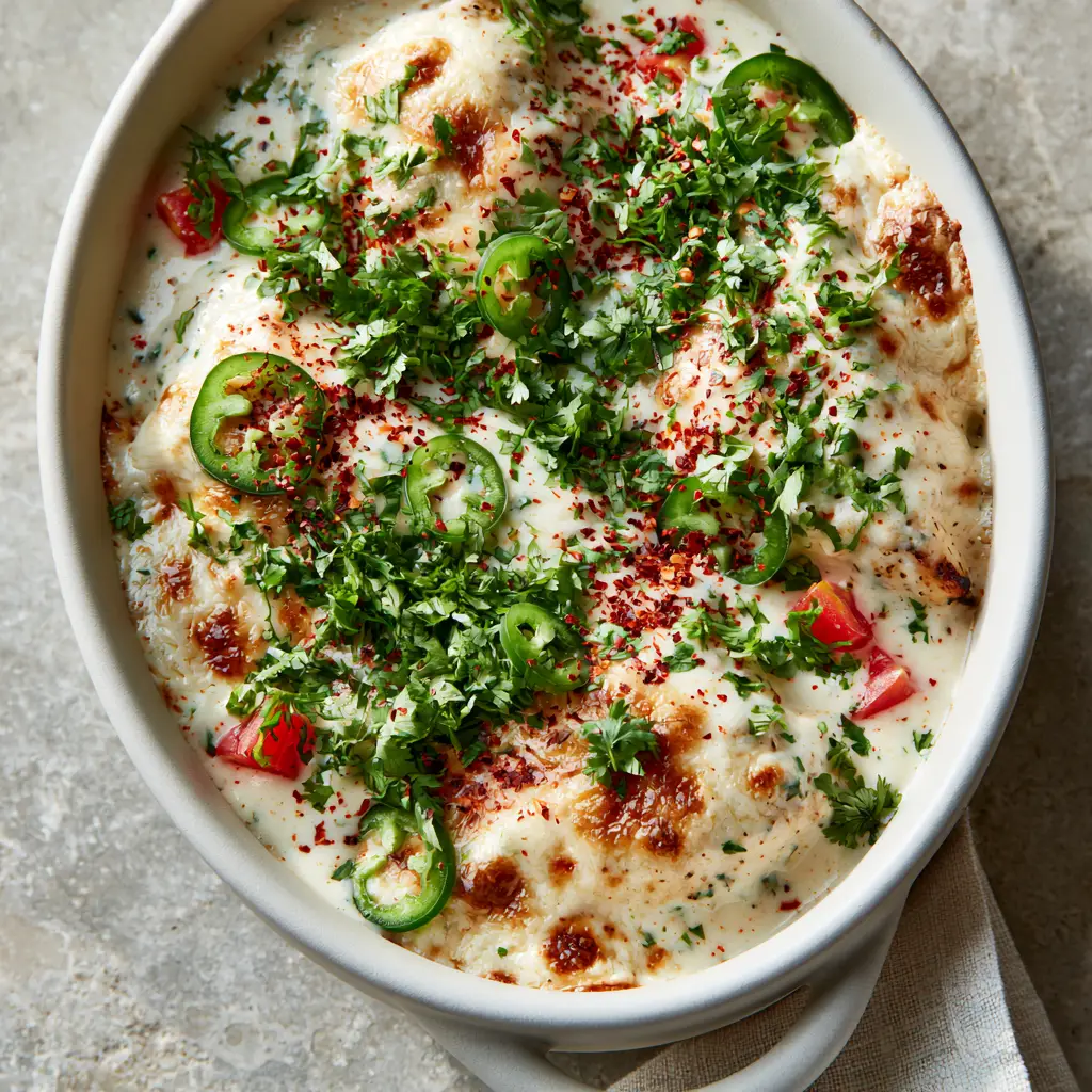 Close-up of succulent baked queso chicken with toasted mozzarella spots and emerald cilantro.