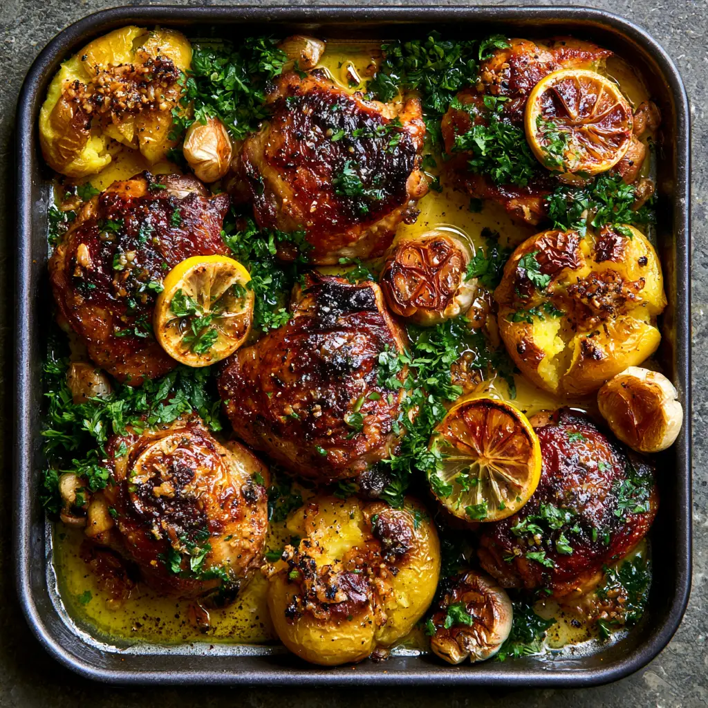 Top-down view of a rustic black sheet pan filled with golden-brown chicken, smashed potatoes, caramelized lemons, and fresh rosemary.