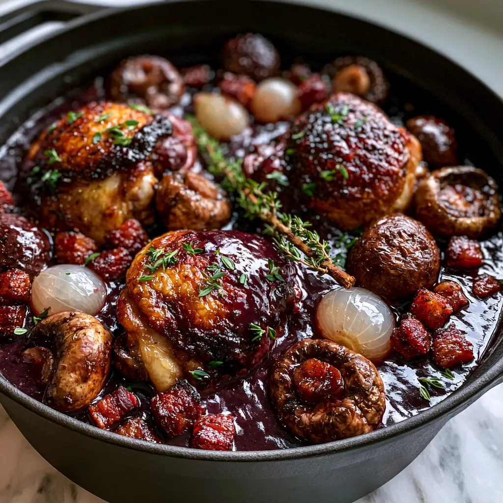 Sautéed cremini mushrooms and pearl onions glistening in a thick burgundy wine reduction for Chicken Pinot Noir.