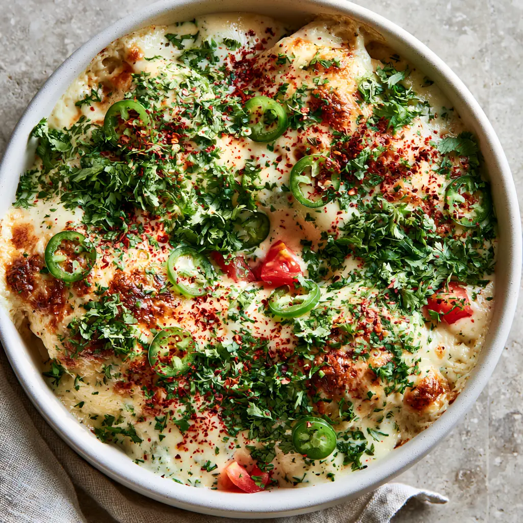 Baked queso chicken garnished with raw jalapenos and crimson red pepper flakes on a stone countertop.